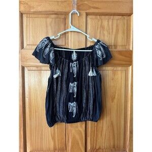 Free People Embroidered Cotton T-Shirt Womens Size XS Tassels Boho Distressed